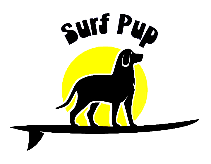 Surf Pup — black dog silhouette on a surfboard with a yellow sun