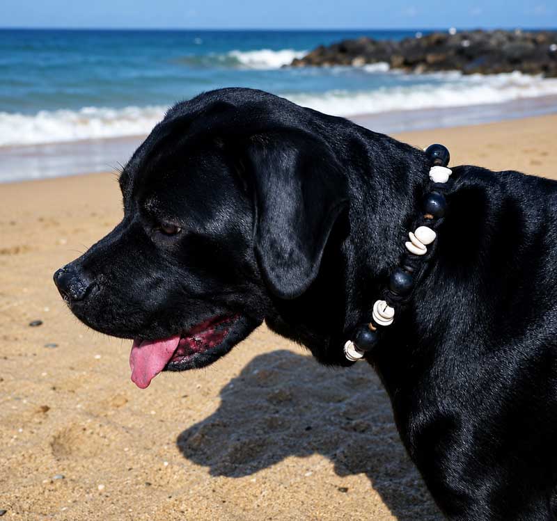 Black lab wearing the Lava Black Sea Glass & Puka Shell collar on the beach