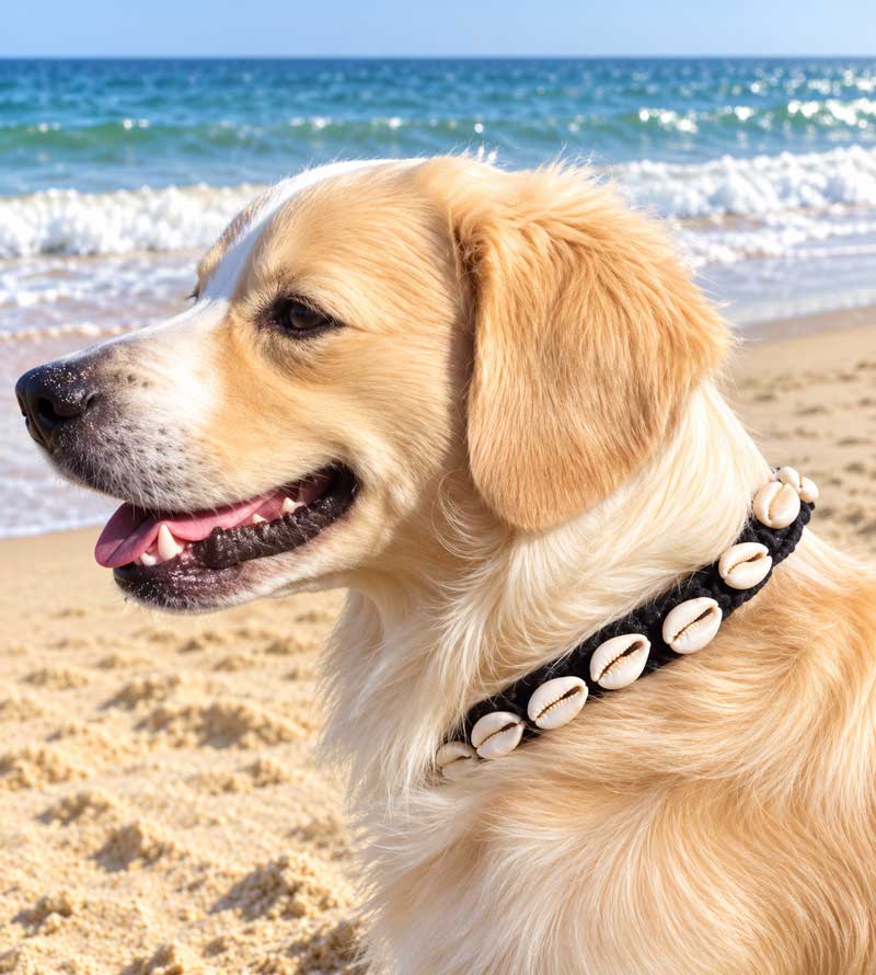 Golden retriever wearing the Classic Cowrie collar on the beach