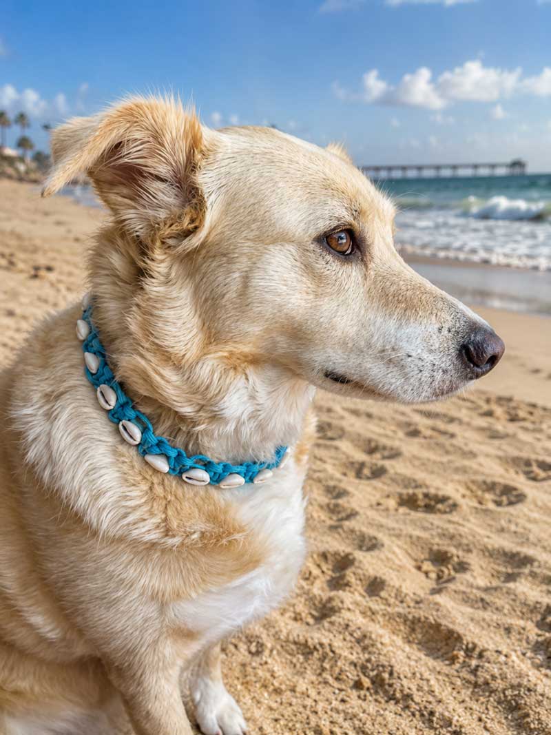 Dog wearing the Classic Cowrie collar, Turquoise, near a pier