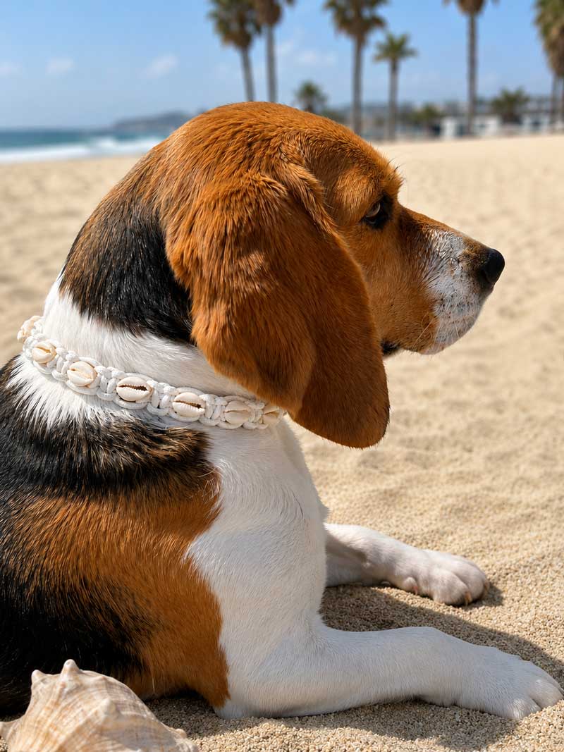 Beagle wearing the Classic Cowrie collar, Wedding White, on the beach