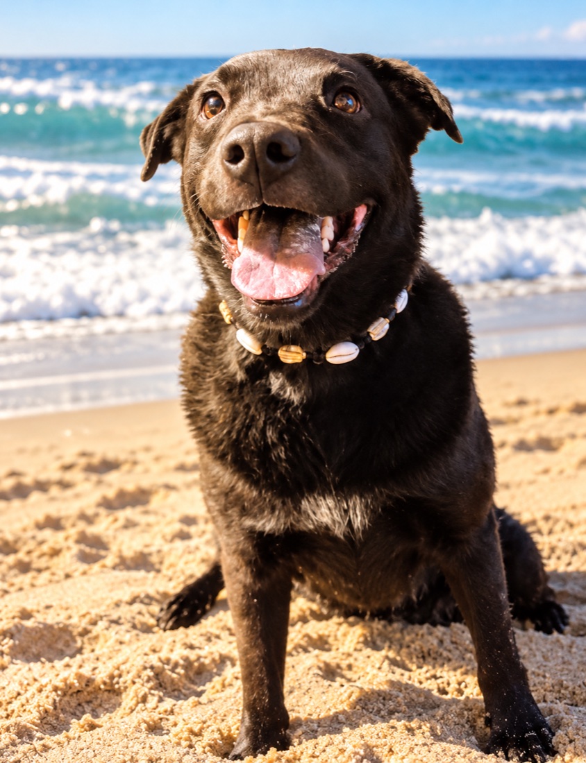 Happy black dog wearing the Cowrie & Citrine collar by the sea