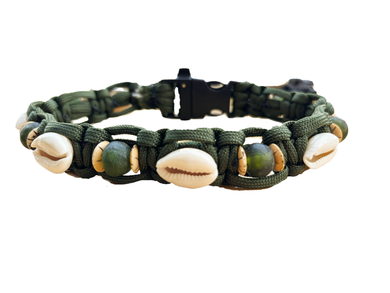 Cowrie & Green Sea Glass collar — Olive Green