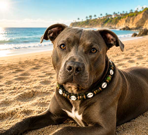 Brindle dog wearing the Cowrie & Green Sea Glass collar on the beach