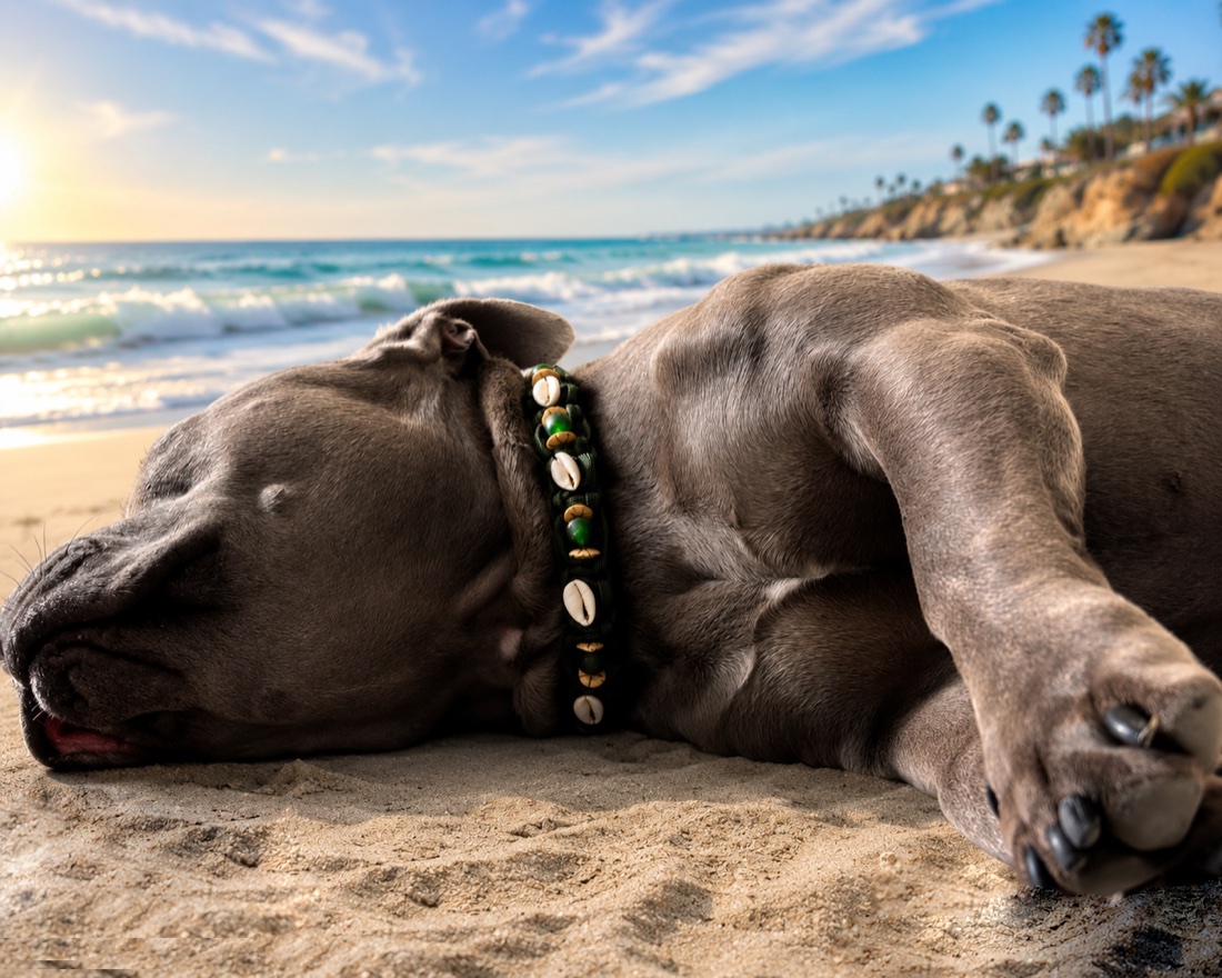 Dog resting on the sand at sunset in the Cowrie & Green Sea Glass collar