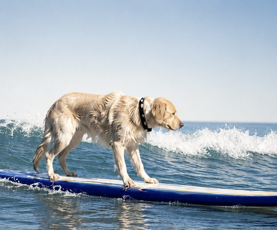A golden retriever wearing a SurfPup collar riding a longboard across a wave