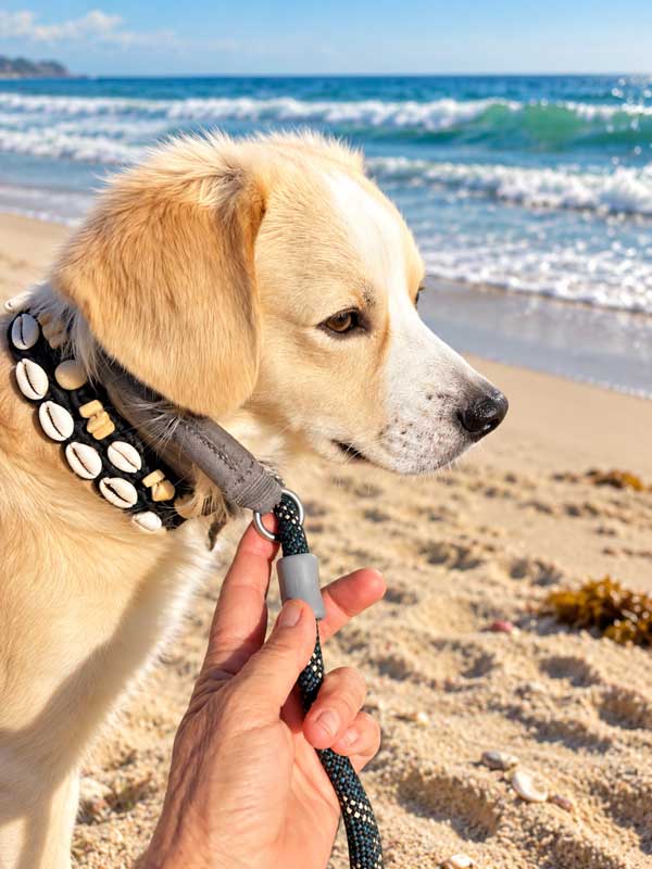 Golden dog on the beach wearing a SurfPup cowrie collar with a slip-over leash